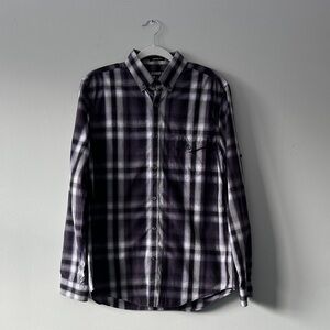 Express Men's Purple, Black, and White Plaid Button Down Shirt